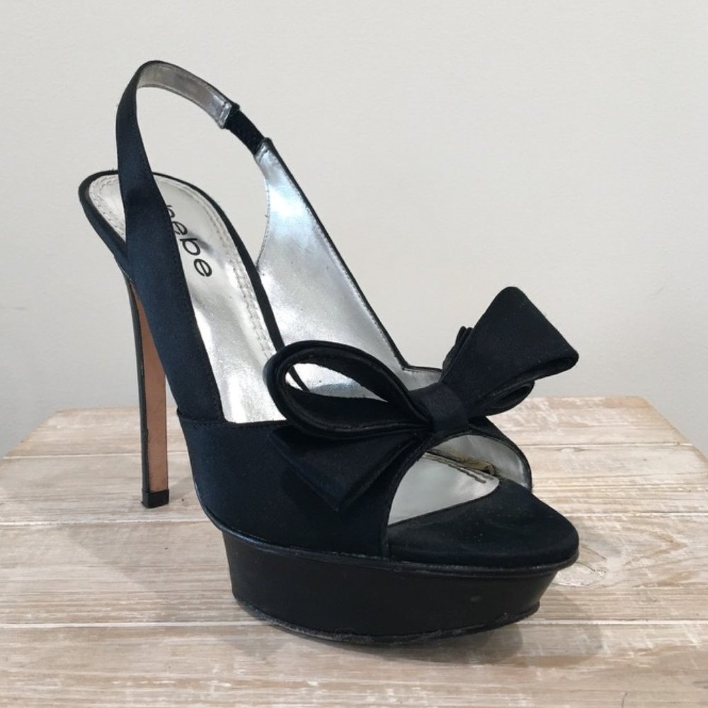 Bebe 'Heidi' Satin Bow Slingback Platform in Black